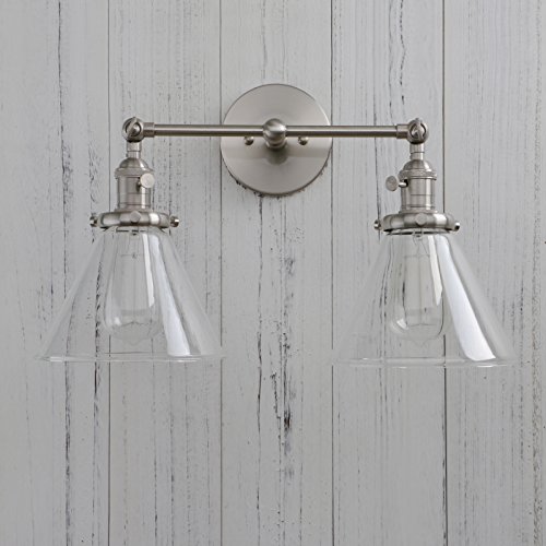 Image of Permo Double Sconce Vintage Industrial Antique 2-Lights Wall Sconces with Funnel Flared Glass Clear Glass Shade (Brushed)