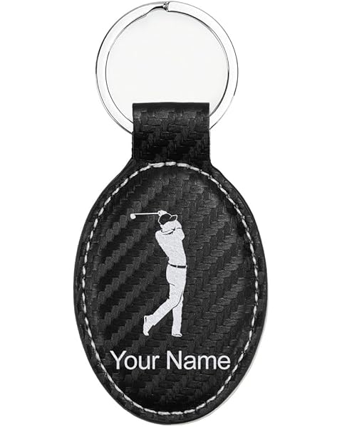 LaserGram Oval Keychain, Golfer Golfing, Personalized Engraving Included (Carbon Fiber Black with Silver)
