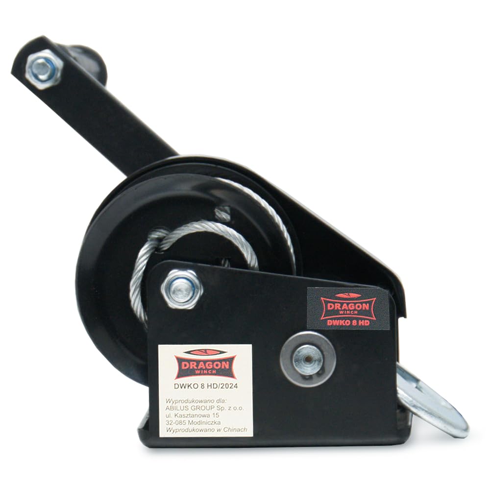 Dragon Winch Treuil Manuel 800 lbs / 360 kg avec crochet et câble en acier 10m pour les petits bateaux, motos, véhicules et ateliers | Treuil à main avec frein à friction auto-freinant