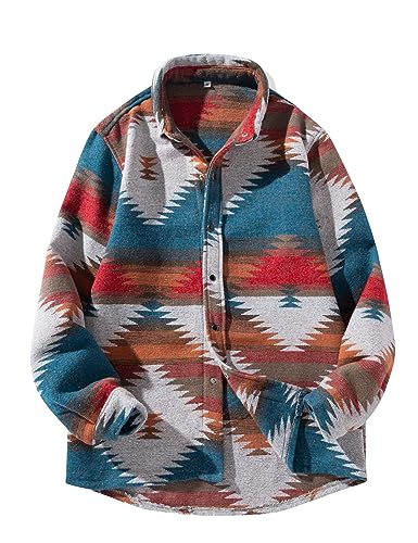 Image of FindThy Men's Brushed Flannel Shirts Ethnic Aztec Print Button Up Lapel Tribal Shirt Jacket Shacket