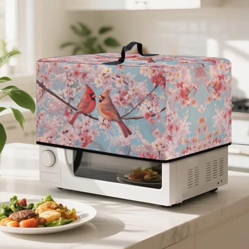 Image of Microwave Dust Cover Toaster Oven Dustproof Cover Stain-Resistant Oil-Proof Smart Oven Protector for Kitchen Countertop, L, Northern Cardinal Red Bird Pink Flower Print