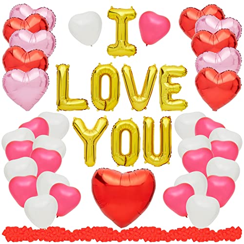 Sparkle and Bash I Love You Heart Balloon Set - 48-Piece, 1000-Piece Silk Rose Petals - Anniversary Decoration & Proposal Kit - Balloon Kit for Valentine Rose Petals & Romantic Decorations