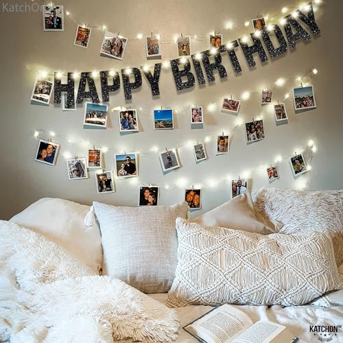 Image of KatchOn, Glitter Black Happy Birthday Banner Light Up - Prestrung, 10 Feet | Light Up Happy Birthday Sign | Happy Birthday Decorations for Men, Women, Boys, Girls | Birthday Party Decorations