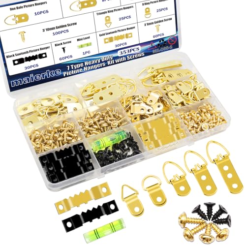 Image of 353PCS Golden Picture Hanging Kit,Picture Hangers Heavy Duty Picture Hanging Hooks with Screws,Picture Frame Hooks Heavy Duty Picture Framing Supplies Kit for Picture Hanging(7 Types)