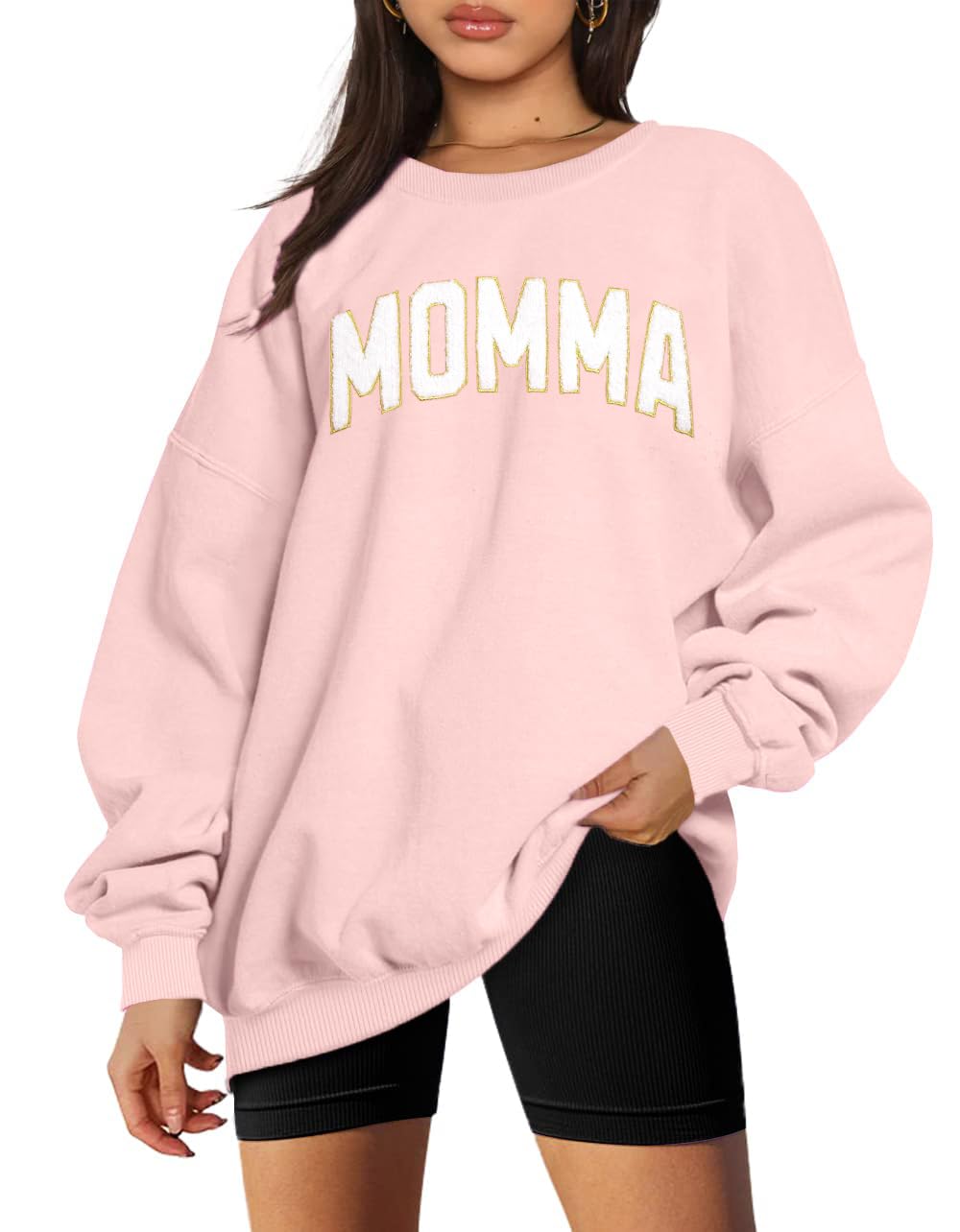 MYHALFWomen Mama Oversized Crewneck Sweatshirt: Momma Embroidered Shirt Funny Mom Letter Print Long Sleeve Pullover Tops