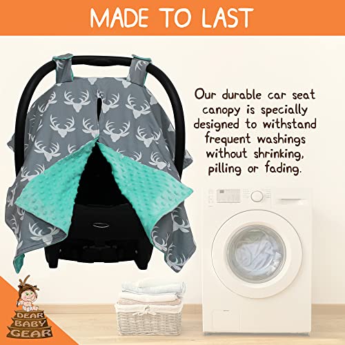 Image of Dear Baby Gear - 40x30 Car Seat Canopy, Infant Carrier Cover for Boys & Girls, Cozy Fall Baby Gift, Nursing & Stroller Use, Newborn Travel Sunshade Accessory, Antlers on Gray, Mint Dot