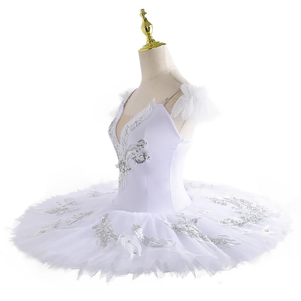 tutù Professionale Bianco per Bambine, Gonna da Ballerina per Pattinaggio Artistico, Costume da Ballerina del Lago dei Cigni, Abbigliamento da Allenamento （160 cm）