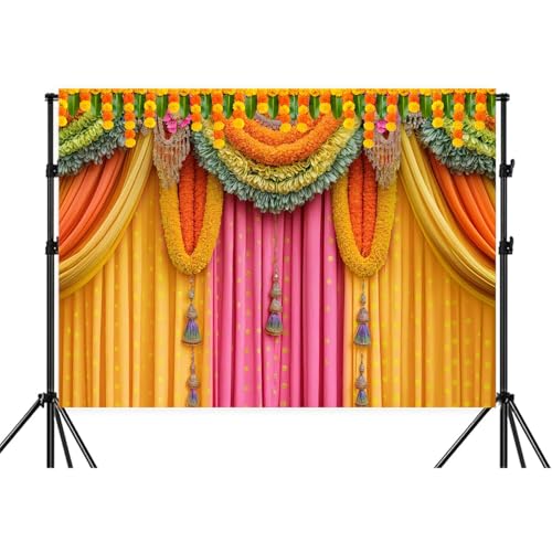 Image of 12x10FT Indian Pooja Backdrop, India Religious Festival Diwali Puja Ganpati Photography Background Marigold Pink Yellow Curtain Banner for Wedding Party Decor Photo Prop