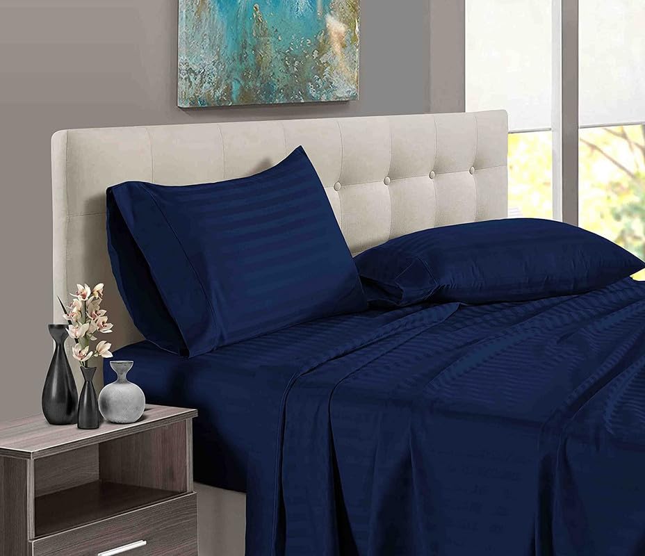 1000 Thread Count, 6 Piece Bedding Set- 100% Egyptian Cotton 10" Deep Pocket Fitted Bedsheets, Extra Soft Flat Bedsheets & Pillow Covers, Breatahble & Comfy Set-Navy Blue Stripe,Single Size (B0BVMKR9T2) Amazon Price History, Amazon Price Tracker