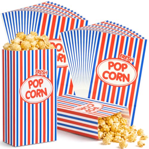Image of Potchen 200 Pcs Paper Popcorn Bags Bulk 2 oz Large Individual Serving Popcorn Bag Flat Bottom Disposable Container Vintage for Movie Night Themed Summer Back to School Party Carnival (Red Dark Blue)