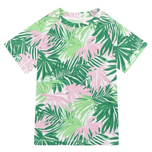 Wudan Palm Tree Green Pink Girl Bathing Suit UV Protection Girl Rash Guard Swimwears Active Tees for Youth Boy 9-10Y