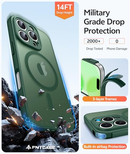 Image of FNTCASE for iPhone 16 Pro Max Case: [Compatible with Magsafe] Translucent Matte Cases with [Full Camera Protection] [Screen Protector] Military Grade Shockproof Protective Phone Cover - Green