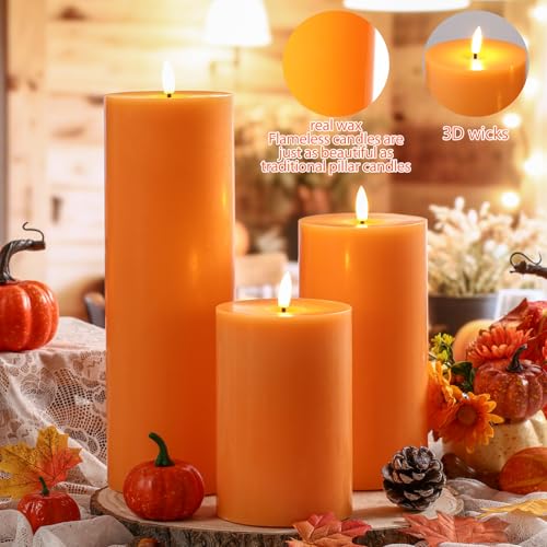 Image of Retisee 3 Pcs 6 /8 /12 Inches Orange Flameless LED Candles with Remote and 2 /4 /8h Timer Battery Operated Wax Flickering Candles for Fall Gatherings, Thanksgiving Harvest Pumpkin Seasonal Home Decor