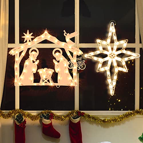 GLOWNOVA 50L19'' 2 Pack Christmas Window Silhouette Lights Decorations, Window Lighted Nativity and Bethlehem Star for Home Indoor Wall, Patio Lawn