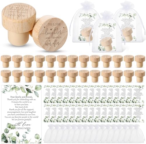 50 Sets Wedding Favors for Guests Bulk Engraved Wood Wine Bottle Corks Wine Stopper with Wedding Thank You Cards and Organza Bags Wedding Appreciation Gifts for Guest Thank You Gifts (Novelty)