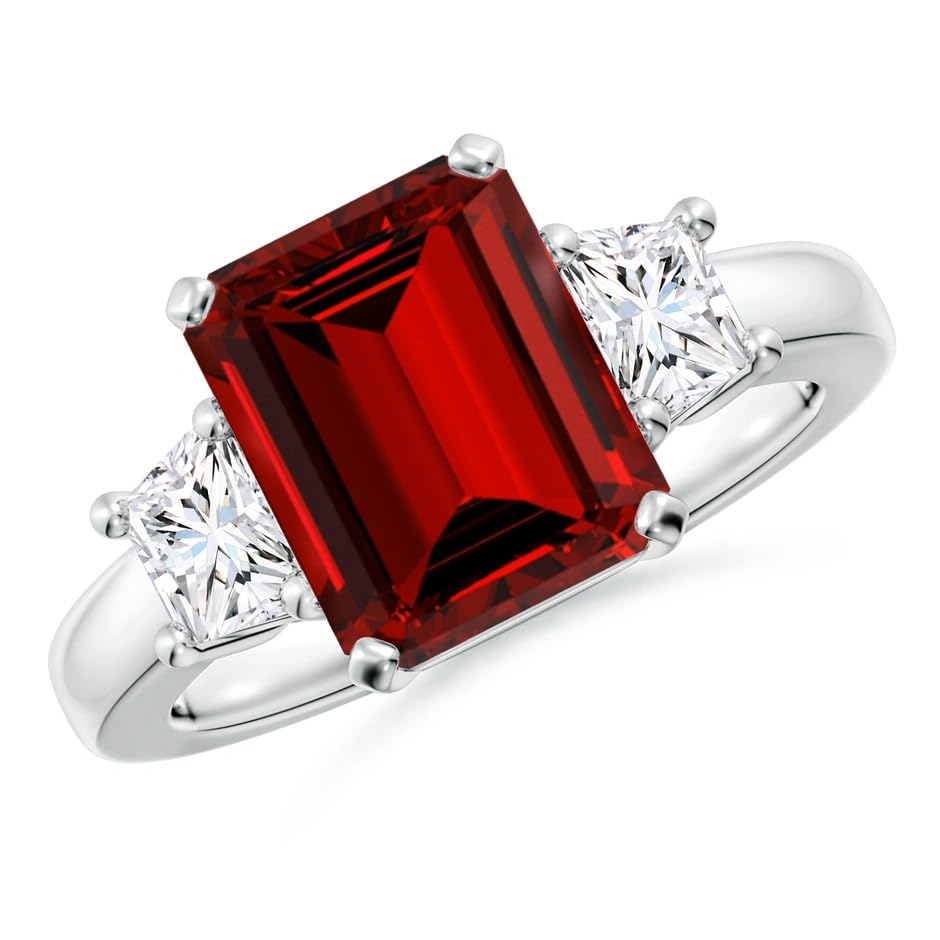 Lab-Grown Emerald-Cut Red Ruby and Diamond Prong Settings Women's Three Stone Engagement & Wedding Ring 14k White Gold Plated 925 Sterling Silver 4 to 15