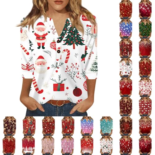 Weihnachts Tshirt Damen Weihnachtskleid Damen Weihnachtsoutfit Damen Ugly Christmas Sweater 3/4 Ärmel Knopf V-Hals Weihnachtspullover Oberteil...