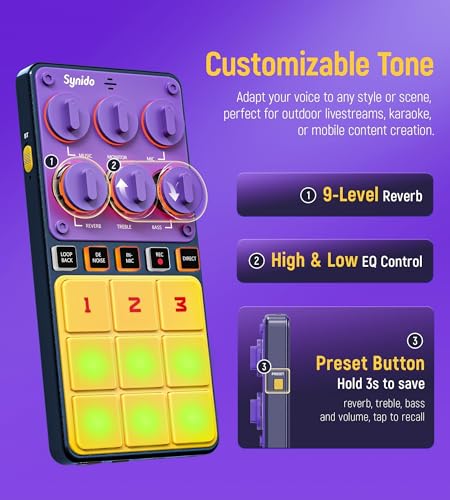 Image of Synido Portable Audio Interface USB C Wireless Rechargeable Live Sound Card DJ Audio Mixer with Built-in Mic, 24bit /96kHz, 48V Phantom Power for Recording, Mobile Live Streaming, Podcasting, Outdoor