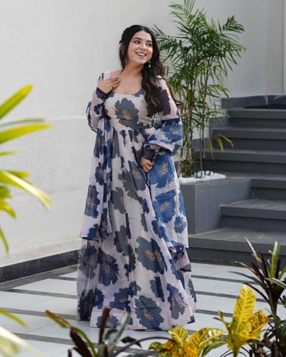 Image of KD Women Pure Georgette Floral Print Anarkali Kurta Pant Set with Dupatta Anarkali Kurti for Women