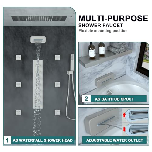 LED Multi Functions Full Body Shower System with 6pcs Body Jets Spray with(Up/Down )Shower Spout, Large 3 In 1 Functions 14x20inch Showerhead, Rainfall Mist Shower Faucet Set Complete, Brushed Nickel