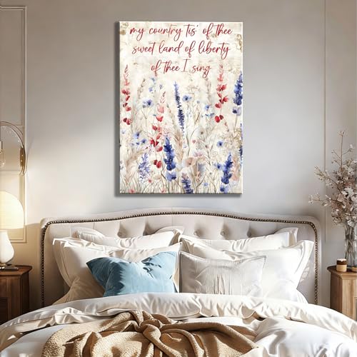 Image of Made in USA Patriotic Framed Canvas Wall Art, My Country Tis of Thee Quote Canvas Print, Red White Blue Floral Wall Decor for 4th of July, Independence Day Home Decoration,24x36in