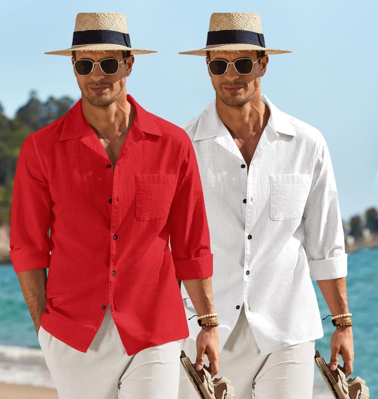 Image of Combo of Men's Casual Cotton Blend Shirt || Long Sleeve Button Down with Spread Collar | Lightweight Breathable Fabric | Stylish Solid Shirt for Beach, Office & Everyday Wear Pack of 2