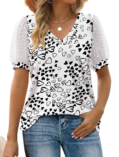 Image of Aokosor Womens Summer Tops V Neck T Shirts Swiss Dot Puff Sleeve Tops Loose Casual Tshirts