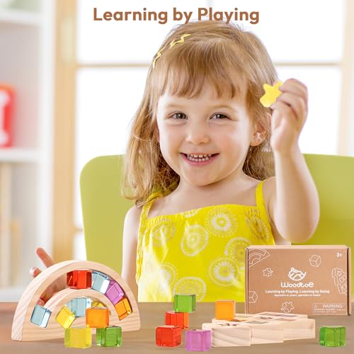 Image of Woodtoe Wooden Building Blocks Set for Kids, Rainbow & Tree Wood Frame - 24 PCS Acrylic Gem Cubes Stacking Blocks, Montessori Stacking Toys, Educational Birthday Toys Gift for Toddlers 3-6