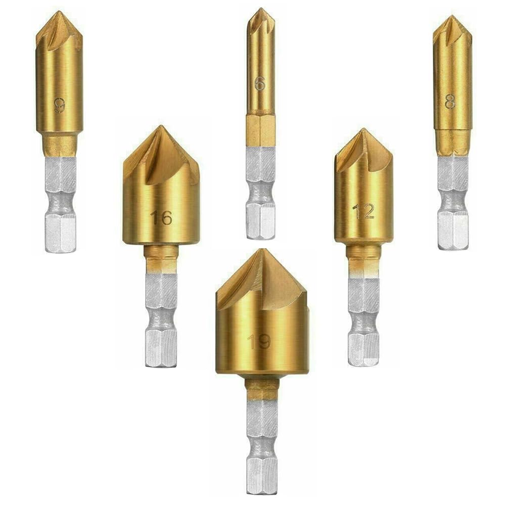 Teocpai 6Pcs 90 Degree HSS Countersink Drill Bit Set with 1/4'' Hex Shank 5 Flute Countersink Drill Bits for Wood 6mm-19mm Quick Change Bit 1/4'' 5/16