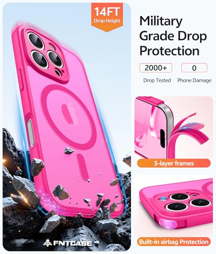 Image of FNTCASE for iPhone 16 Pro Case: [Compatible with Magsafe] Translucent Matte Magnetic Phone Cover - Military Grade Drop Protection Shockproof Protective Cases - Hot Pink