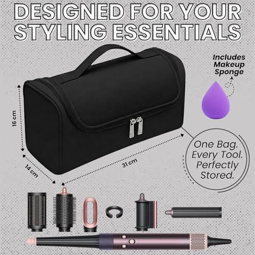 Image of OCEANEVO Travel Pouch for Airwrap Styler WITH Makeup Sponge, Storage Organiser Bag for Airwrap Attachments with Hanging Hook (Bag Only) - 31 x 14 x 16 Cm - Black - 1 Year Warranty