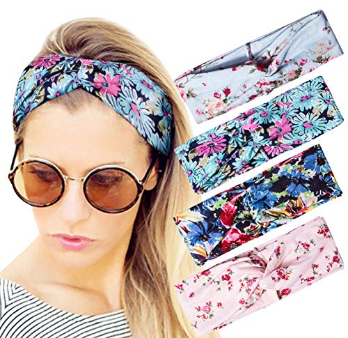 Darller 4 Pack Boho Headbands for Women Fashion Wide Floral Style Hair Band