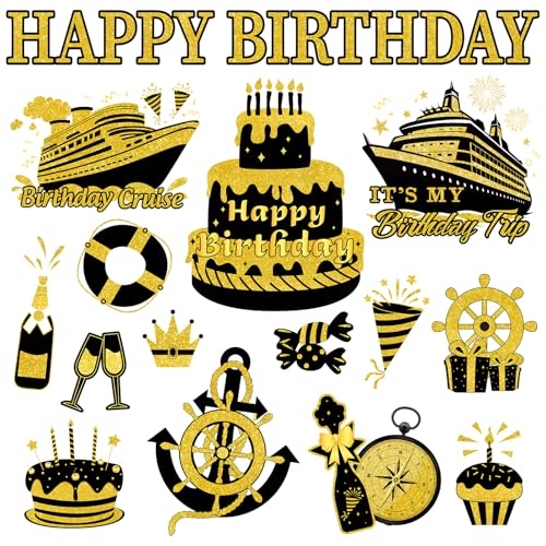 JarThenaAMCS Birthday Cruise Door Magnets Decoration Black Gold Happy Birthday Cruise Ship Magnetic Stickers for Cabin Ship Car Refrigerator Carnival Party Supplies, 16Pcs by JarThenaAMCS - Used condition - US$8.01