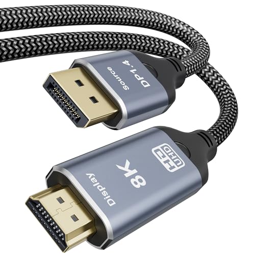Image of 8K DisplayPort to HDMI 2.1 Cable 3.3FT 8K@60Hz 4K@120Hz Uni-Directional DP (Source) to HDMI (Display) Braided Cord DP to HDMI Compatible with PC, Dell, AMD, Lenovo, Monitor, HP