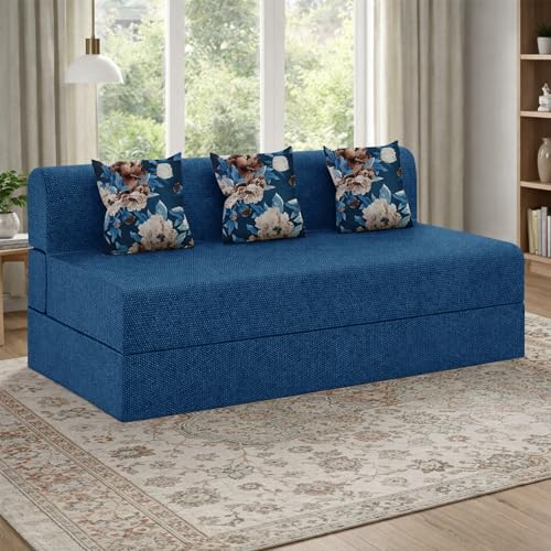 Image of Foldable Three Seater Sofa Bed 5 X 6 Ft Jute Fabric Washable Cover Sofa Cum Bed with Cushions Convertible Sofa Bed for Home (Blue Color - Pre-Assembled)