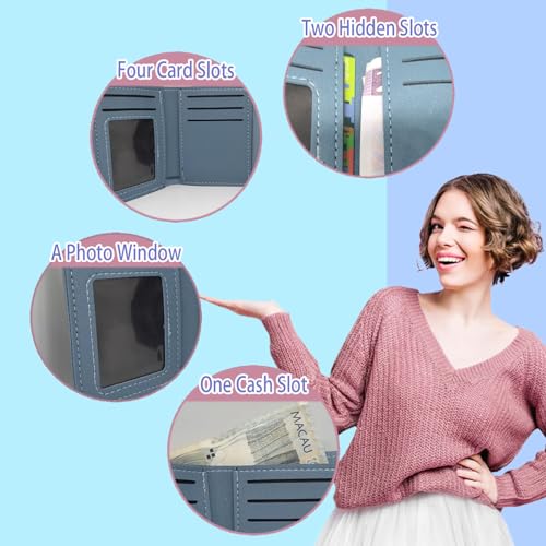 Trifold Wallets for Women, Snap-Button Women's Wallet Card Holder Ladies Wallets Leather Wallets For Women with 6 Card Slots, ID Window& Cash Compartment (Blue)3