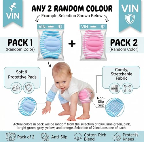 Image of Vin Baby Knee Elbow Hand Leg Protector Pads for Crawling Adjustable Breathable Waterproof Safety Protector, Anti-Slip Elastic Knee Elbow Pads Soft Cushion for Babies, Toddlers, Infants, Boys, Girls, Kids ( 2 Pair,Multicolor)