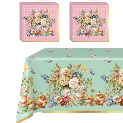 GHKJOK Tea Party Tablecloth and Napkins Set – 2 Waterproof Floral Table Covers with 20 Vintage Rose Paper Napkins, Elegant Afternoon Tea Decorations for Birthday Bridal Shower Garden Party