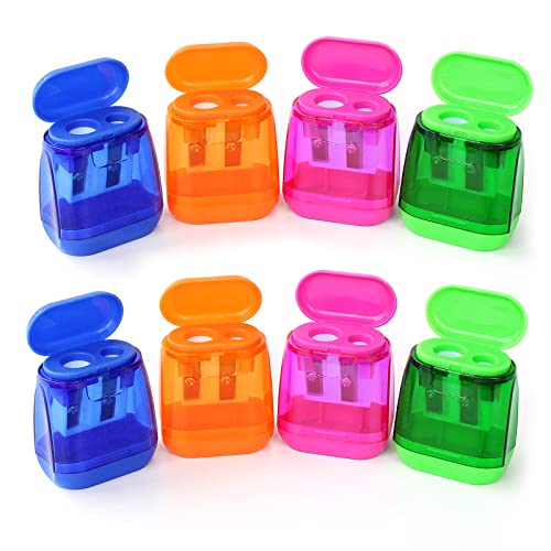 ForTomorrow Dual Hole Pencil Sharpener Manual Pencil Sharpeners with Lid for School Home Office Using, Assorted Bulk Hand Pencil Sharpener (8 Pack 4 Colors)