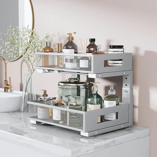 Image of Under Sink Organizer, 2-Tier Dual Pull Out Cabinet Organizer Drawers With Smooth Circular Rail,Large Capacity Metal Mesh Sliding Shelves For Bathroom& Kitchen Storage,Height Adjustable-Gun Gray,1 Pack