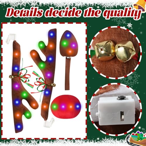 Image of Christmas Reindeer Antlers Car Decoration Kit with LED Multicolor Lights, Top & Grille Xmas Auto Decoration Rudolph Reindeer with Red Nose,Tail & Jingle Bel