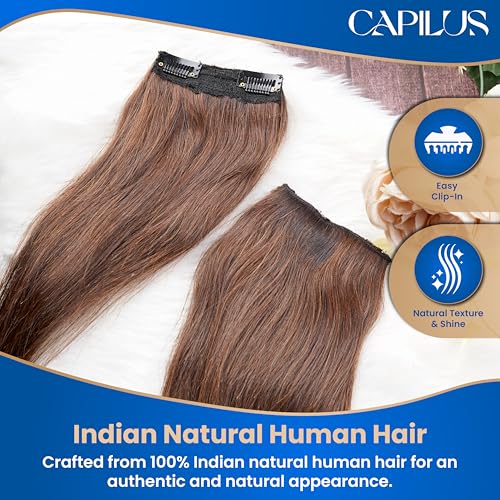 Image of Capilus Invisible Hair Patch (Natural Brown, 16 Inch 1 Pack) | 100% Indian Human Hair Extensions for Women & Girls | Natural-Looking Volumizer | Undetectable, Durable & Non-Damaging Clip Mechanism