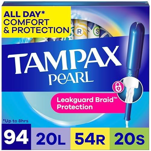Tampax Pearl Tampons for Women Multipack, with LeakGuard Braid, Light/Regular/Super Absorbency, Unscented, 94 Count (2 Packs of 47) (Packaging May Vary)