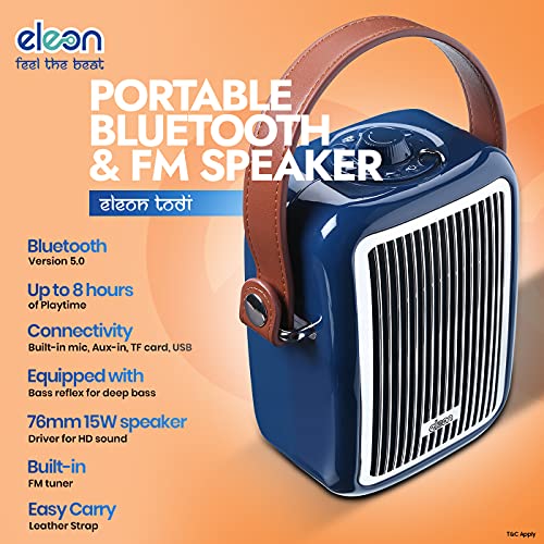 Image of Eleon Todi 15W Portable Bluetooth Speaker, Bluetooth v5.0, Playtime upto 8H at mid-volume, FM Radio, USB for music, Aux, MicroSD Card, Built-in Mic, Control Button, Retro Design with Leather Strap (ELER2116, Blue)