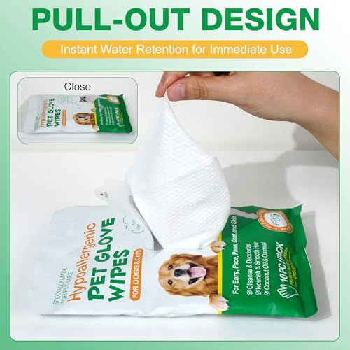 Image of Pet Glove Wipes UNSCENTED for Dogs and Cats No-Rinse, Deodorizing, Grooming Gloves for Paws, Face, Butt, and Legs, Portable Travel-Friendly, Family Stockpile, 10 PCS Hypoallergenic Wipes