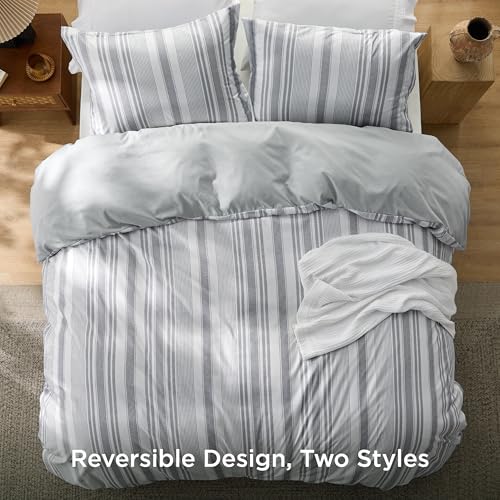 Image of Bedsure Duvet Cover Queen Size - Striped Reversible Duvet Cover Set with Zipper Closure, 3 Pieces Grey Bedding Set with 8 Corner Ties and 2 Pillow Shams 20 inchx26 inch