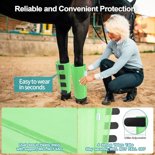 Image of Mesh Horse Fly Boots Set of 4, Loose Fitting Leggings for Horses, Reduce Stressful Stomping, Breathable Adjustable and Universal Fit for 4 Legs, Reliable Stay Put (Green)