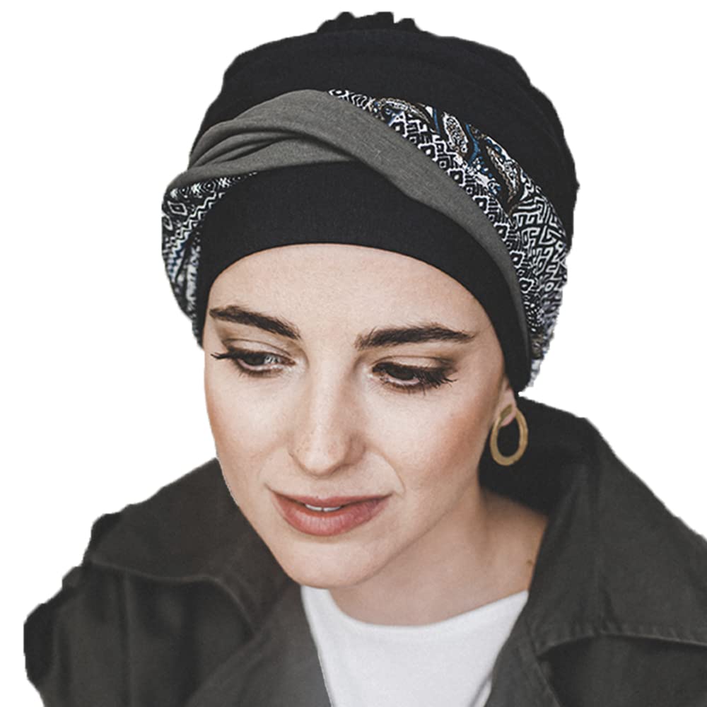 CAREBELL pañuelo oncológico modelo Elegance – diseño Paisley Black en bambú suave y transpirable, especial para quimioterapia, alopecia y pieles sensibles