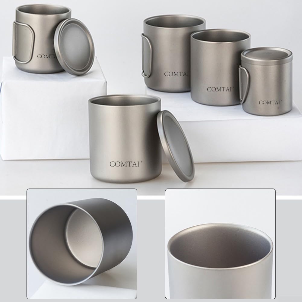 SPORTARC Tasse à eau portable de camping, tasse en titane, tasse à eau en titane à double paroi, tasse à café, thé avec couvercle, pour la maison, le camping, 220 ml, sans poignées