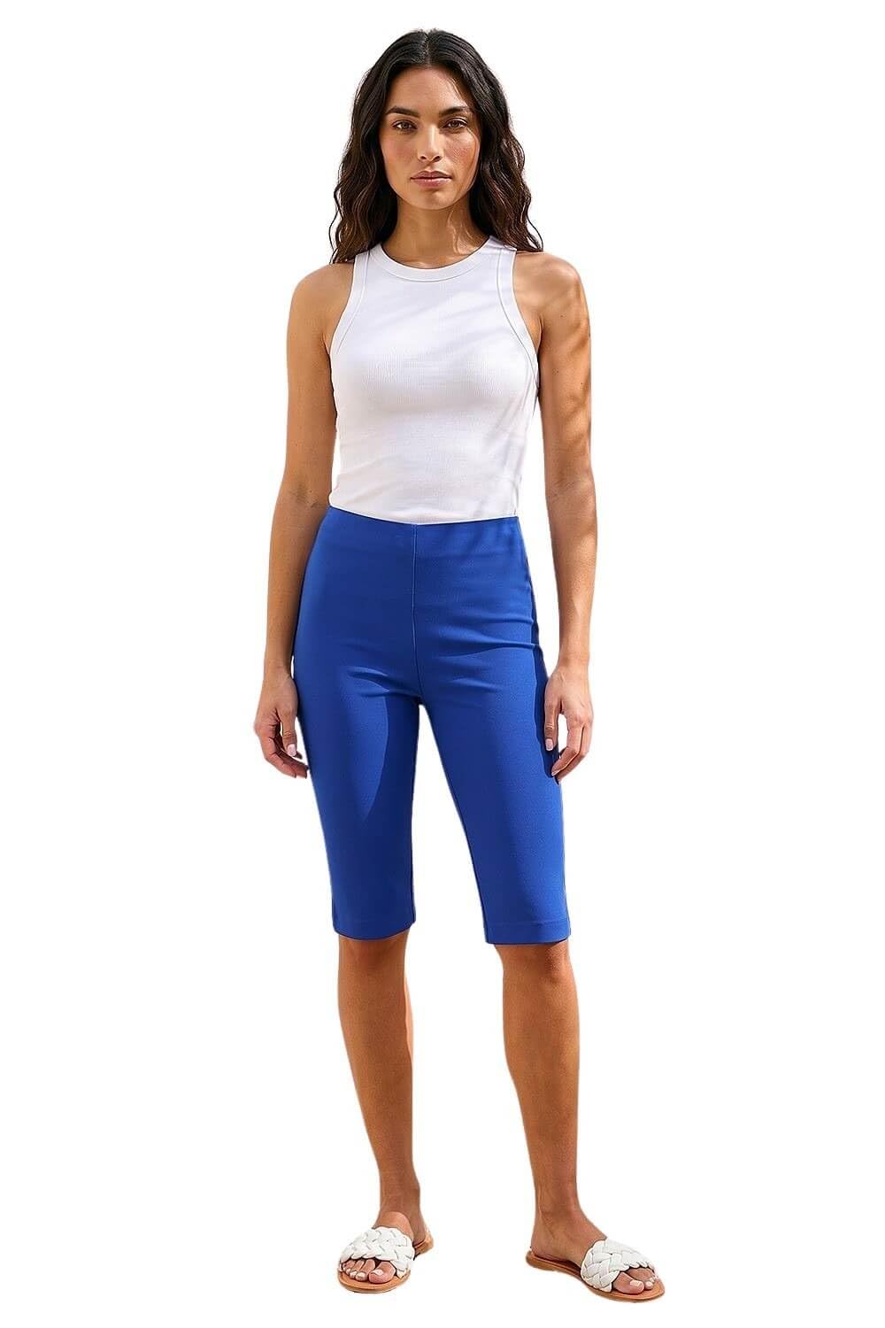 Roman Knee Length Shorts for Women UK - Ladies Cropped Capri Stretch Bengaline Pants Crop Trousers Summer Legging Lounge Essentials Elasticated Casual Clothes - Royal Blue - Size 22